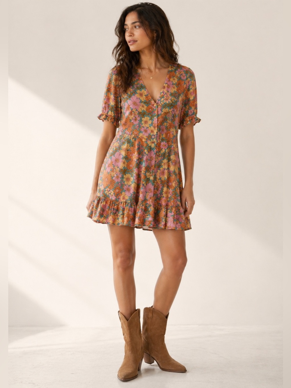 Petal & Pup Floral Mini Dress Womens 8 Teal Pink Boho Button Front